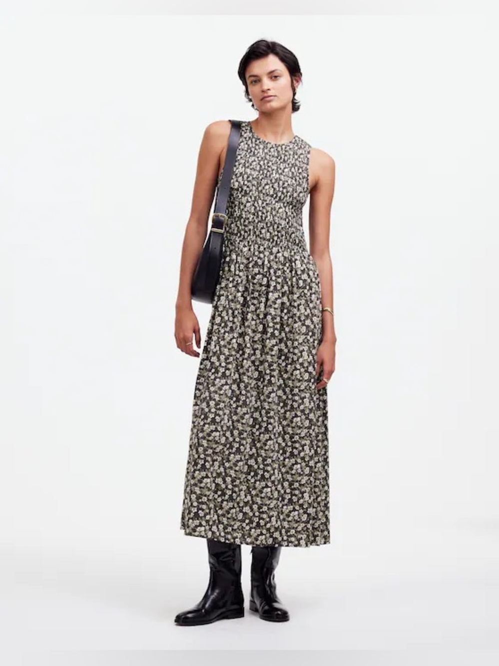 Madewell The Melody Gray Smocked Cottagecore Prarie Midi Dress Floral Size XS